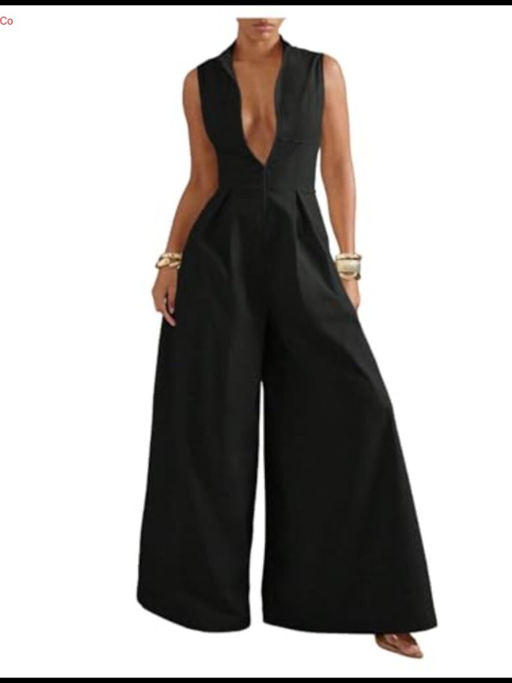 Sleeveless Mock Neck Zip Up Wide Leg Jumpsuit Formal Dressy One Piece